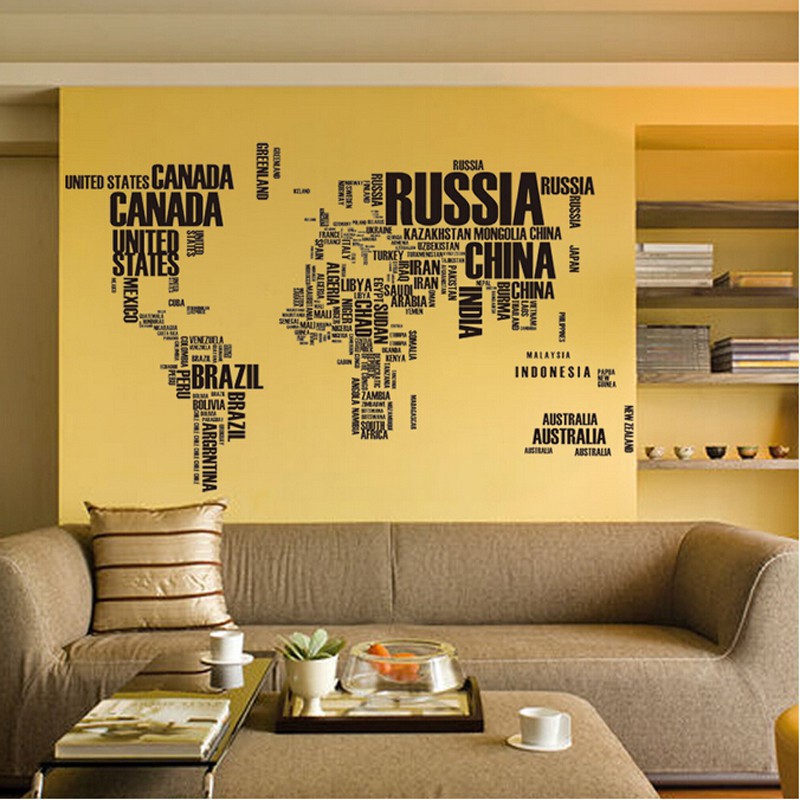 Large Black World Map Wall Sticker For Bedroom Removable Living Room