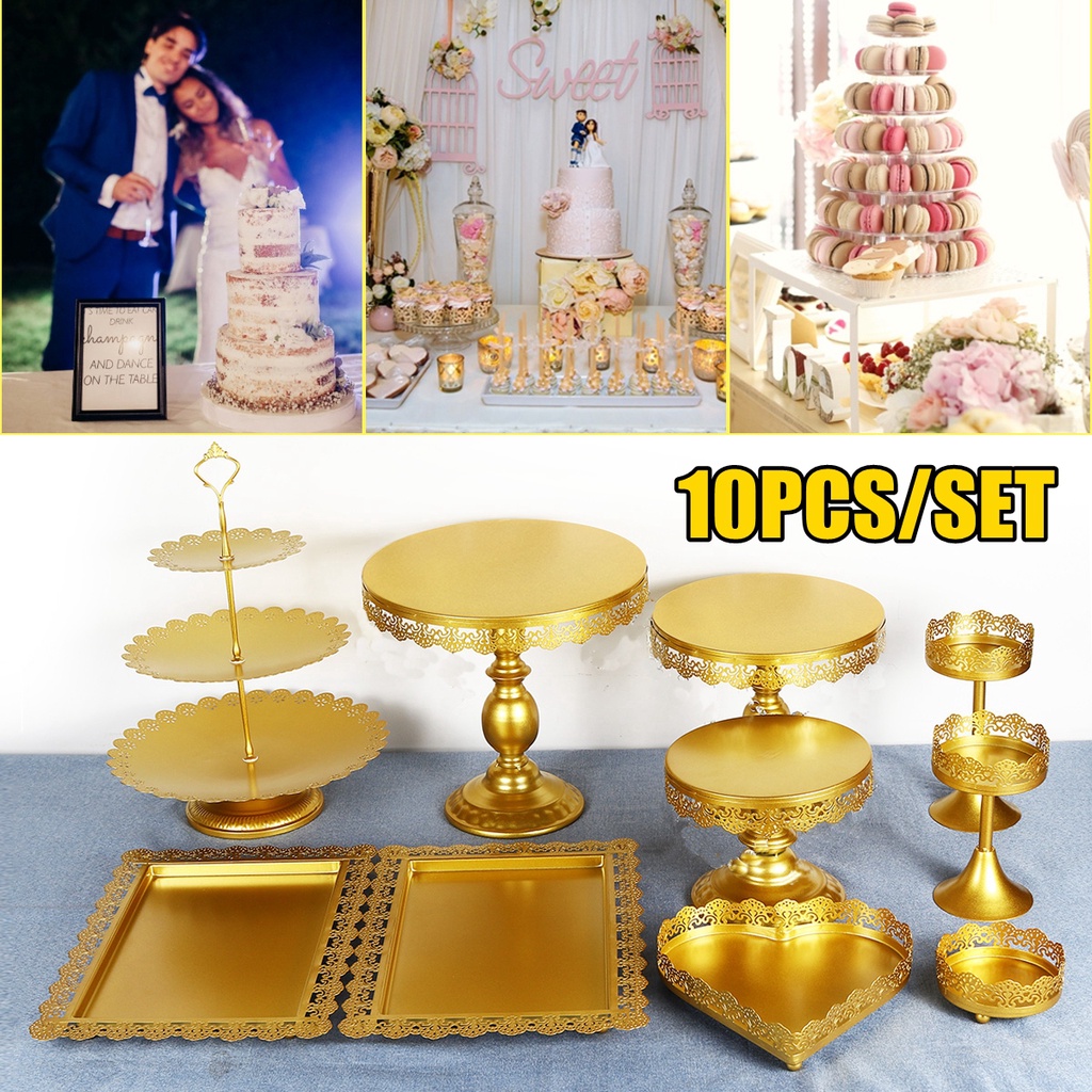 10pcs Cake Display Stand Set Gold White Round Metal Crystal Dessert ...