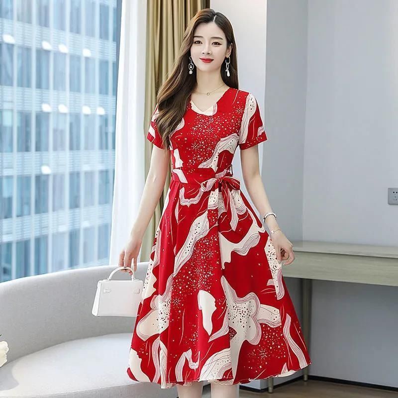 2024 Dress Women Korean Style Plus Size Floral Printed Short Sleeve   B5bd1e593729bdda863549108fd4ddbb