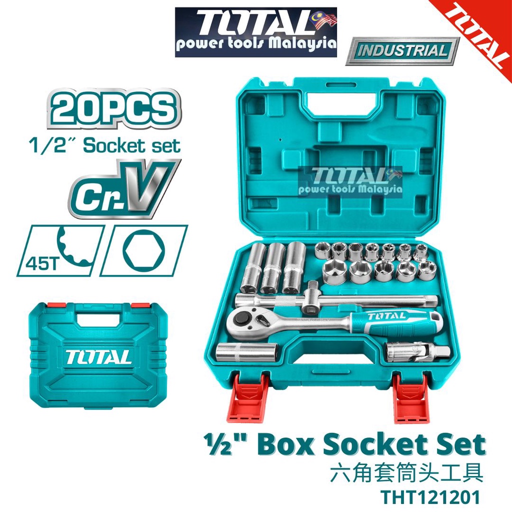 TOTAL 20 Pcs 1/2″ Auto Repair Toolbox Set Multifunctional Socket Wrench ...