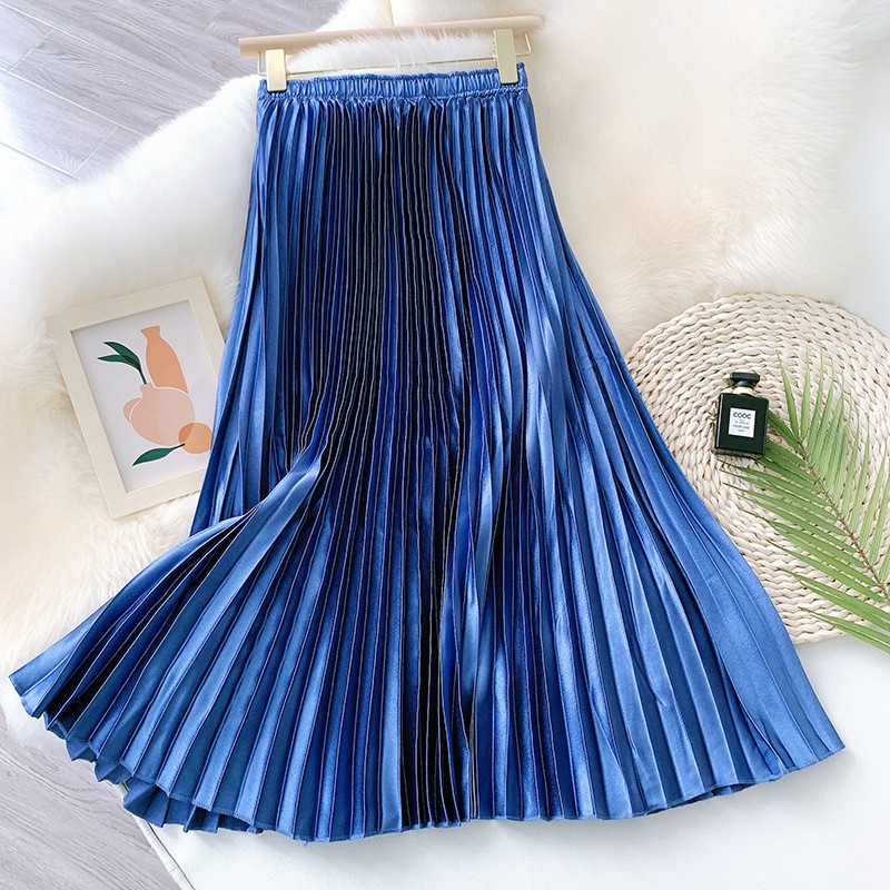 satin pleated skirt high waist a line retro long skirt labuh kembang ...