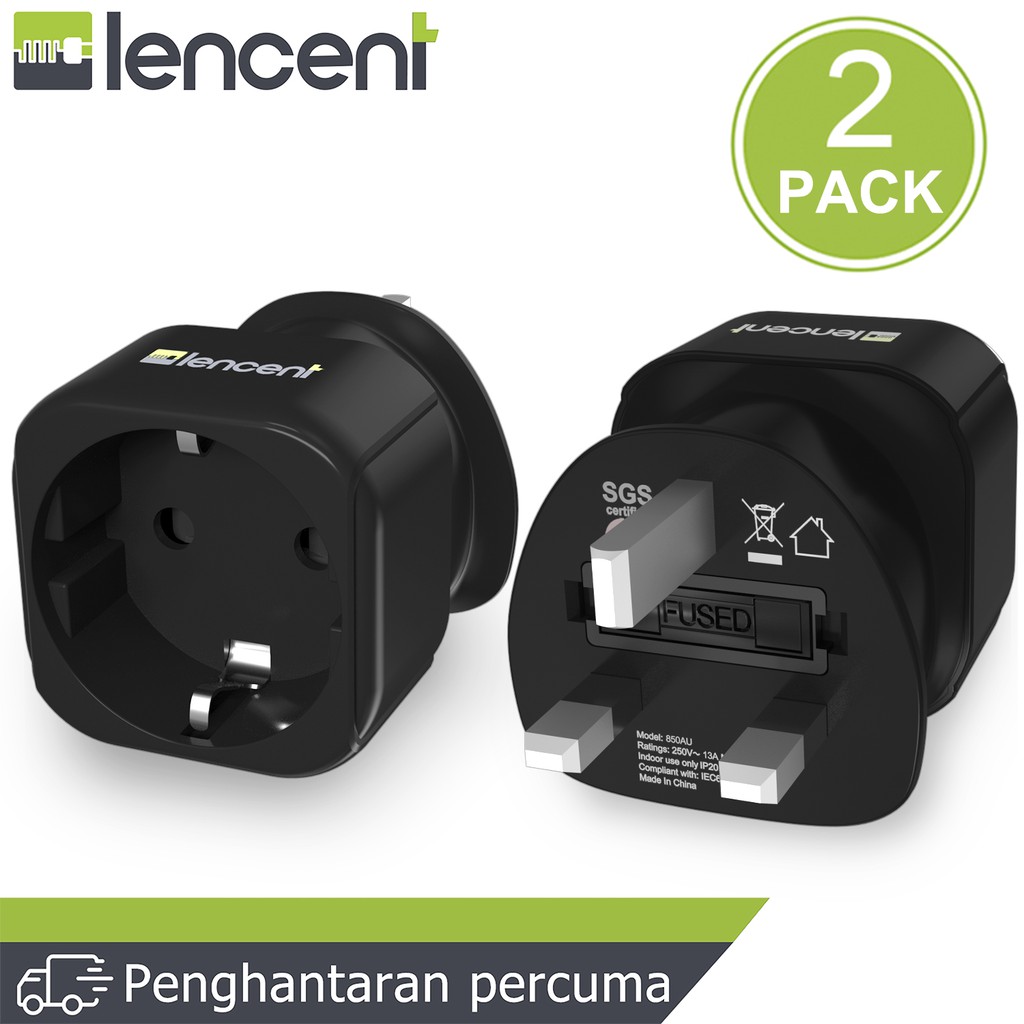 LENCENT 2X Europe to UK/Malaysia Plug Adapter Schuko 2 Pin to 3 Pin UK