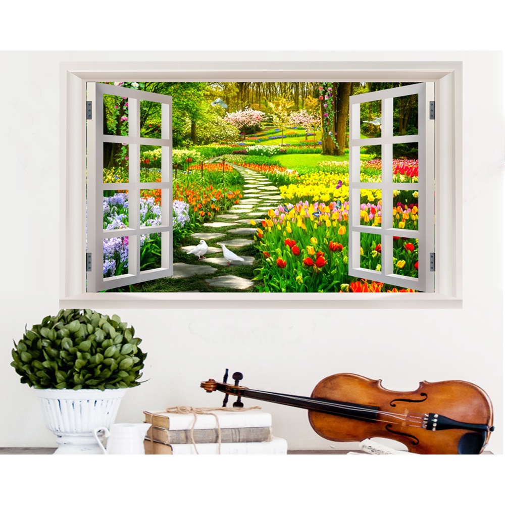 Custom Self adhesive sticker flowers tree garden scenery outside the ...
