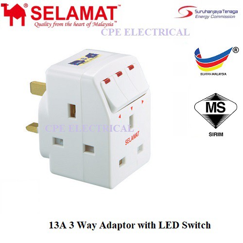 SELAMAT SA-32 13A 3 Way Adaptor Extension Socket with Switch and Neon SIRIM APPROVE