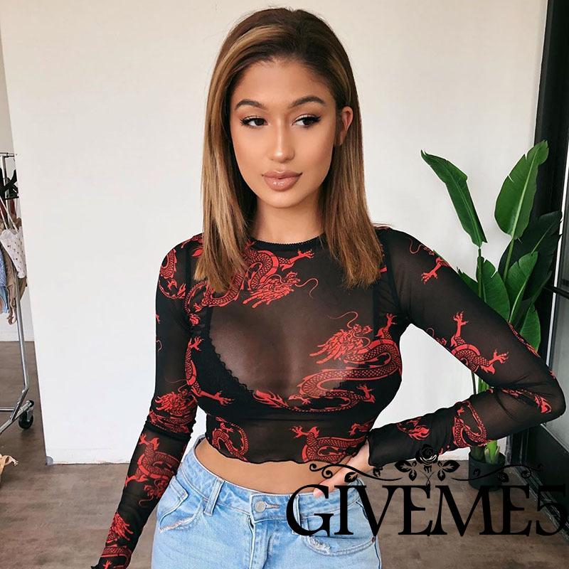 Giveme Women Sexy Mesh See Through Crop Top Chinese Style Dragon Print