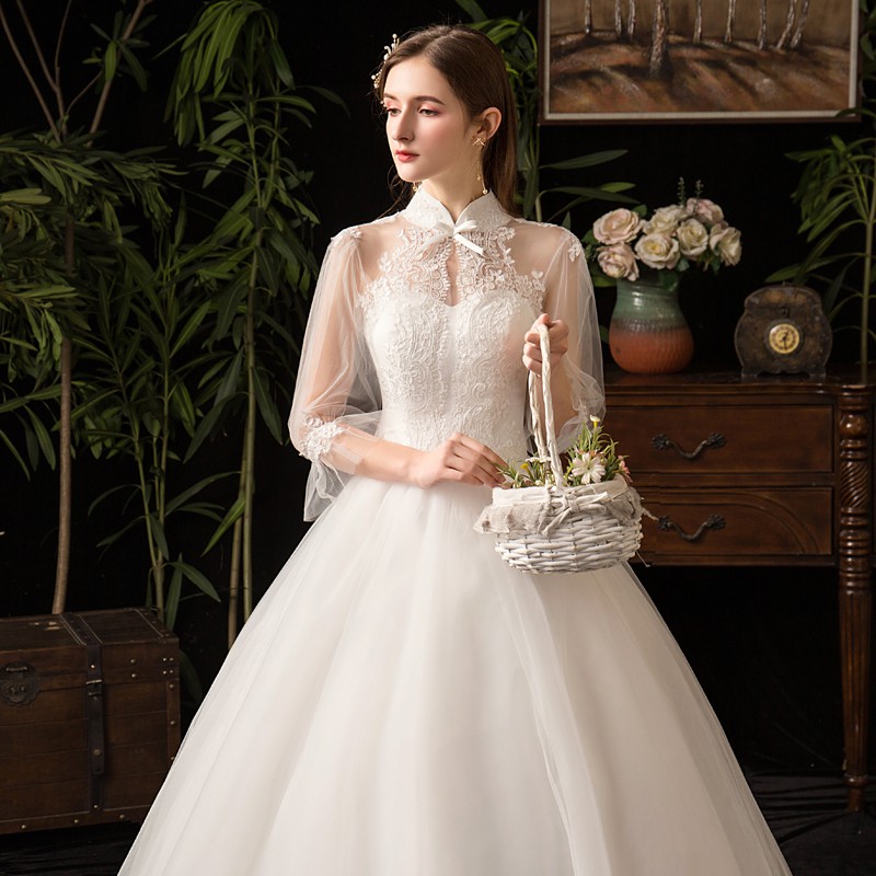 High neck outlet collar wedding dress