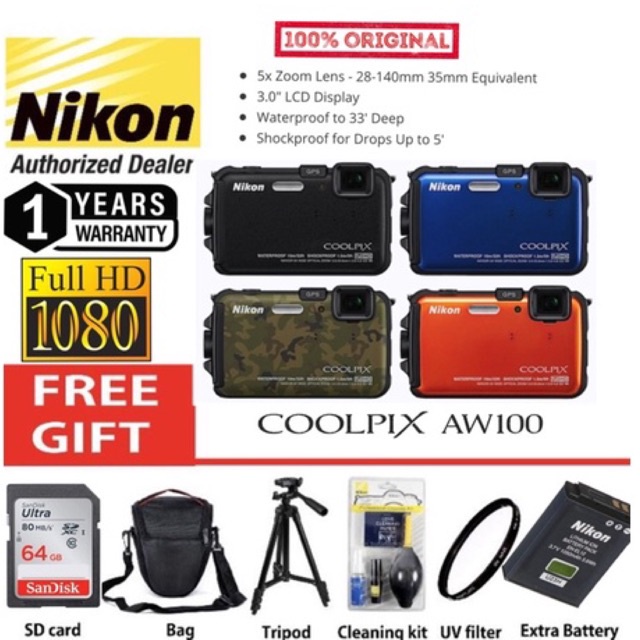 Nikon coolpix AW100 waterproof 33m shockproof 5m camera original with