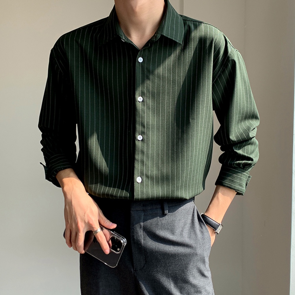 Korean Fashion Dark Green Striped Shirt Men Loose All Match Casual Long Sleeve Shirt Baju Lengan 7075