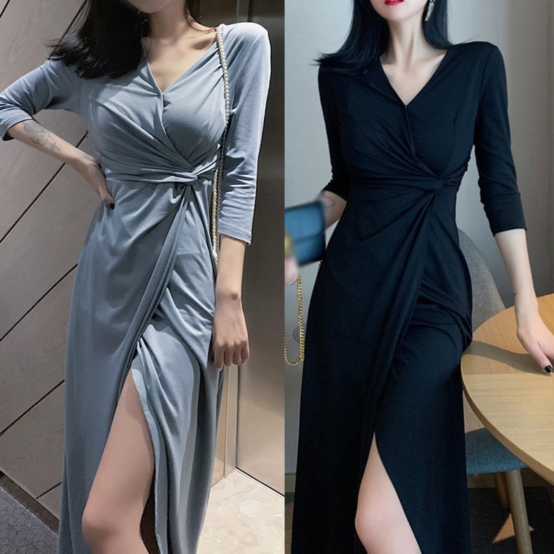 Women Lace Up Slim Waist Temperament Split Long Dress | Shopee Malaysia