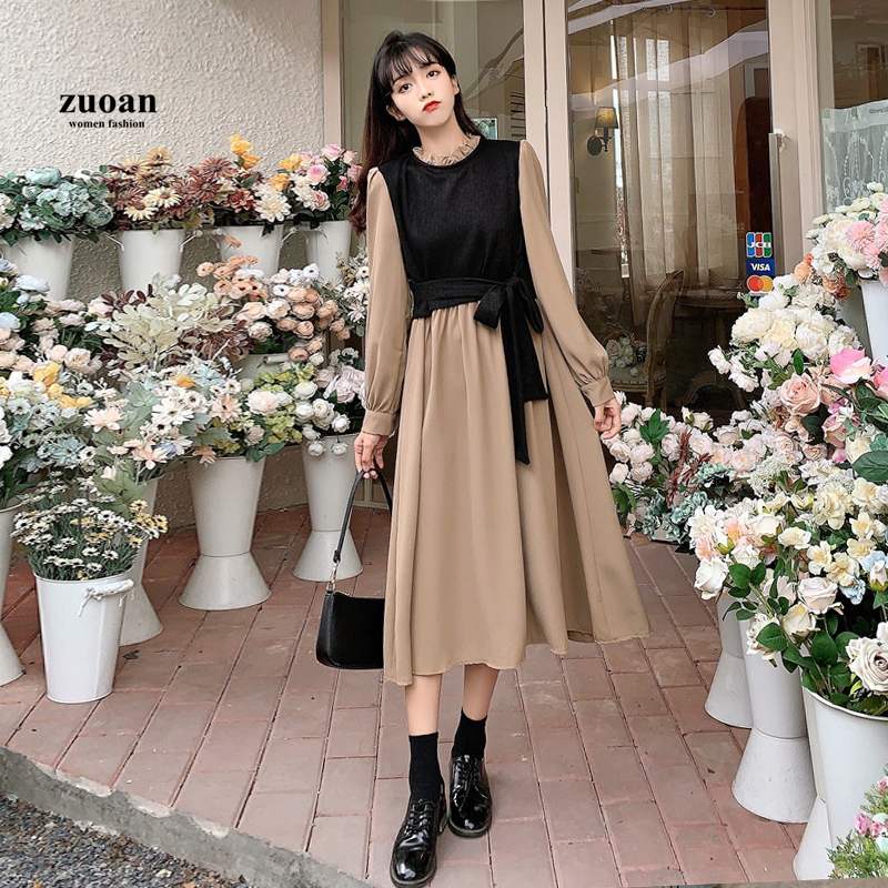 Zuoan Korean Vintage Midi Dress Women's Medium Length Splicing Long ...