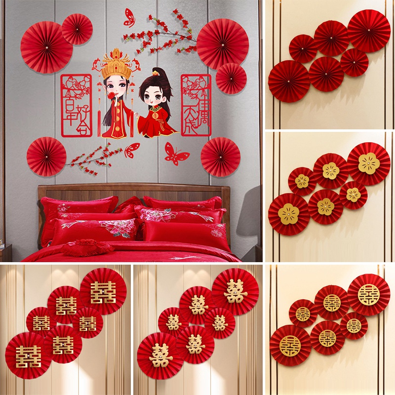 6 Pcs Happy Word Fan Flower Marriage Folding Paper Fan Flower ...