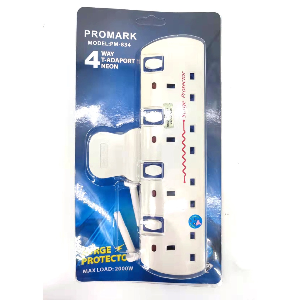 Promark 3-Way/4-Way T-Adaport Neon Surge Protector Easy For 2 Pin Plug ...
