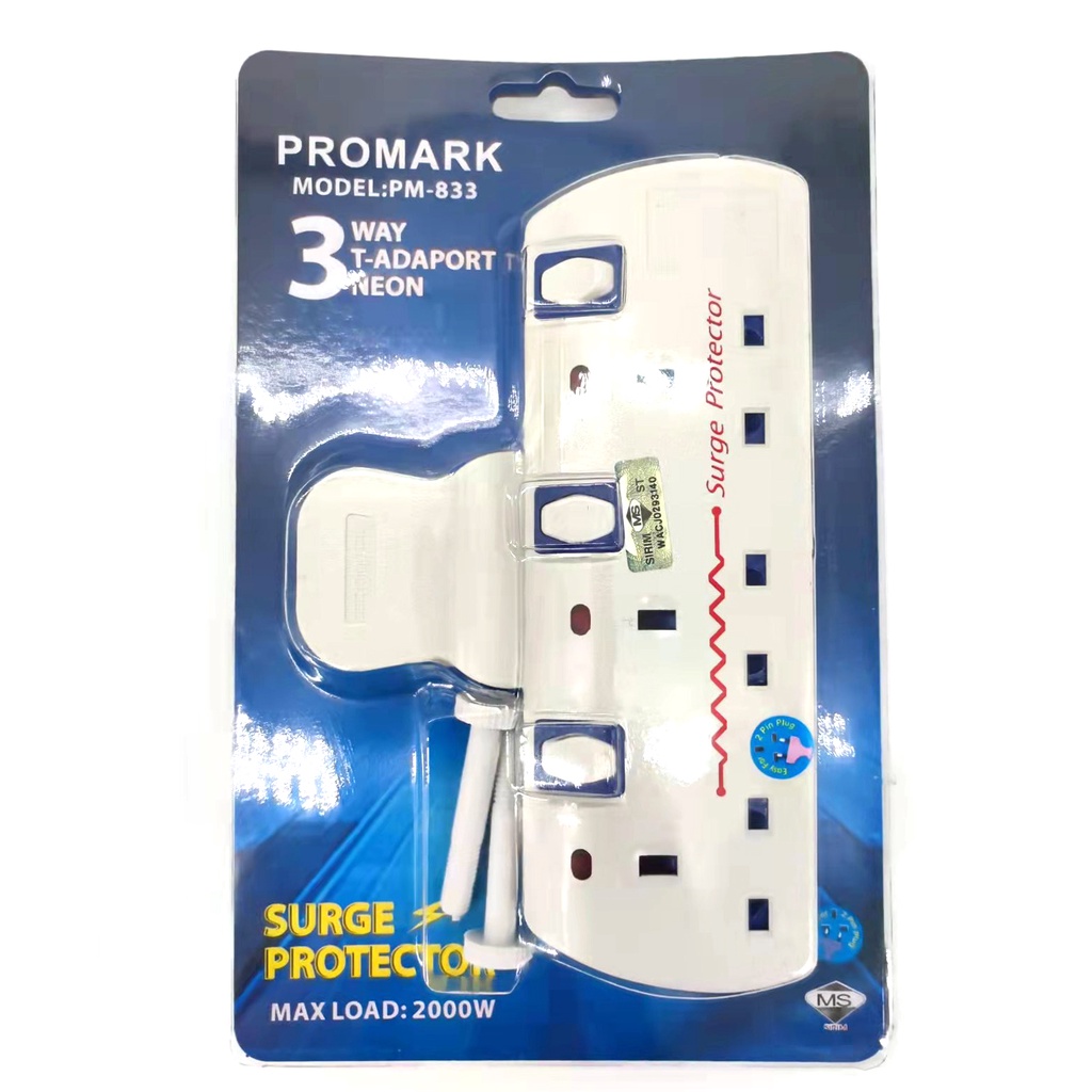 Promark 3-Way/4-Way T-Adaport Neon Surge Protector Easy For 2 Pin Plug ...