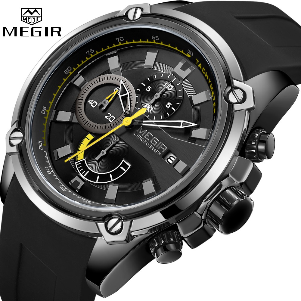 MEGIR 2086 Mens Sport Watches Top Brand Chronograph Waterproof Sport Mens Watches Silicone Band Automatic Date Military Wristwatch