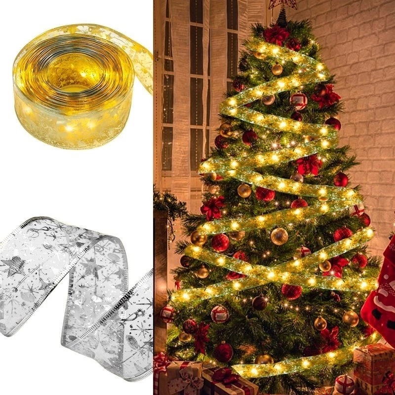 1/2/4M Christmas Tree Top LED Ribbon Bow Fairy Lights / Xmas DIY Lace ...