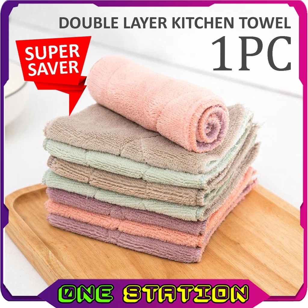 1pc Double Layer Kitchen Towel Microfiber Kitchen Cloth Cleaning Rag Super Absorbent Kain Dapur 