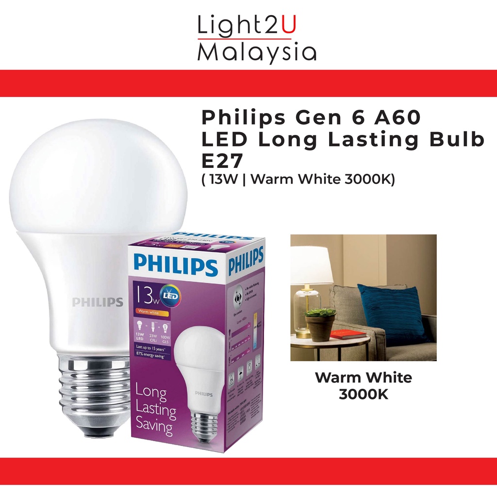 Philips 13W/100W LED Long Lasting Bulb E27 (Warm White 3000K) - Light ...