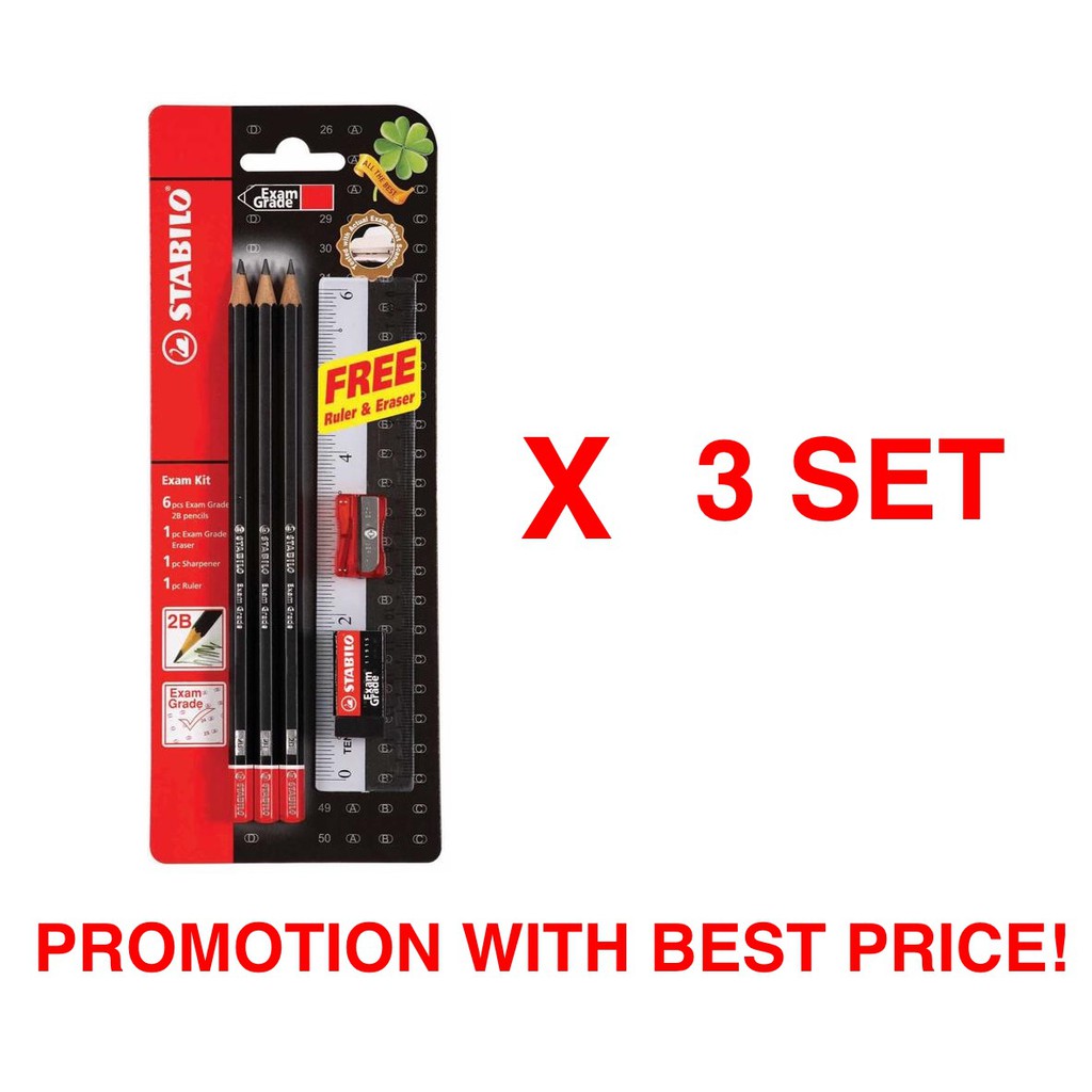 (PROMO) 3 SET STABILO MICRO 2B PENCIL + RULER + ERASER | Shopee Malaysia