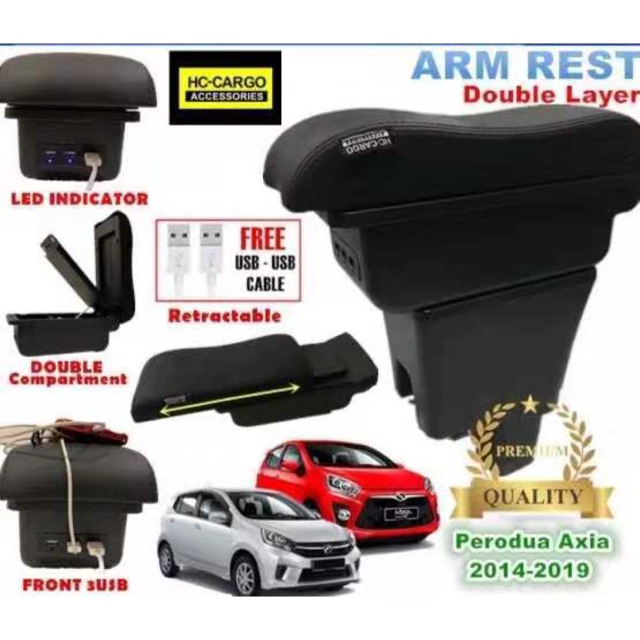 Perodua Axia 2014 2019 HC Cargo Premium USB LED Indicator Arm Rest