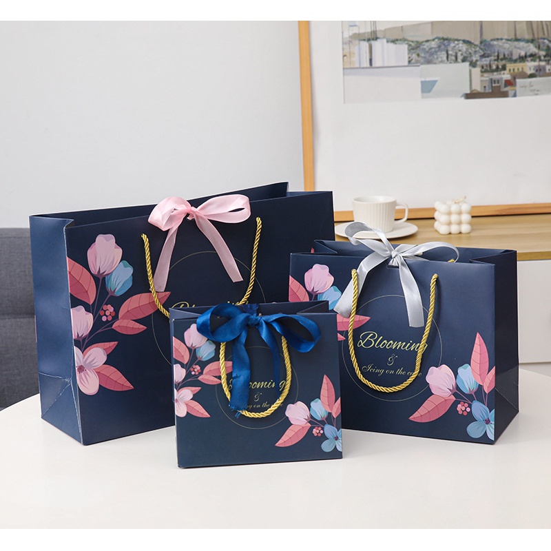 Navy Floral Gift Paper Bag With Random Ribbon Floral Printing