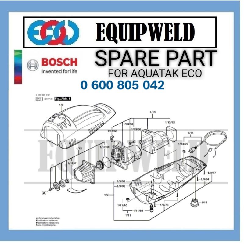 SPARE PART BOSCH POWER SUPPLY CORD ON OFF SWITCH END SHIELD ORING FOR AQUATAK ECO ORIGINAL