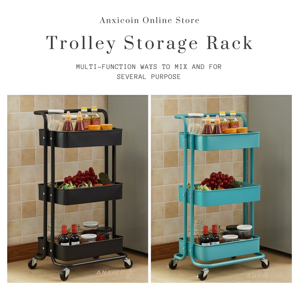 [100 Steel] 3 Tier Multifunctional Metal Trolley Storage Rack with