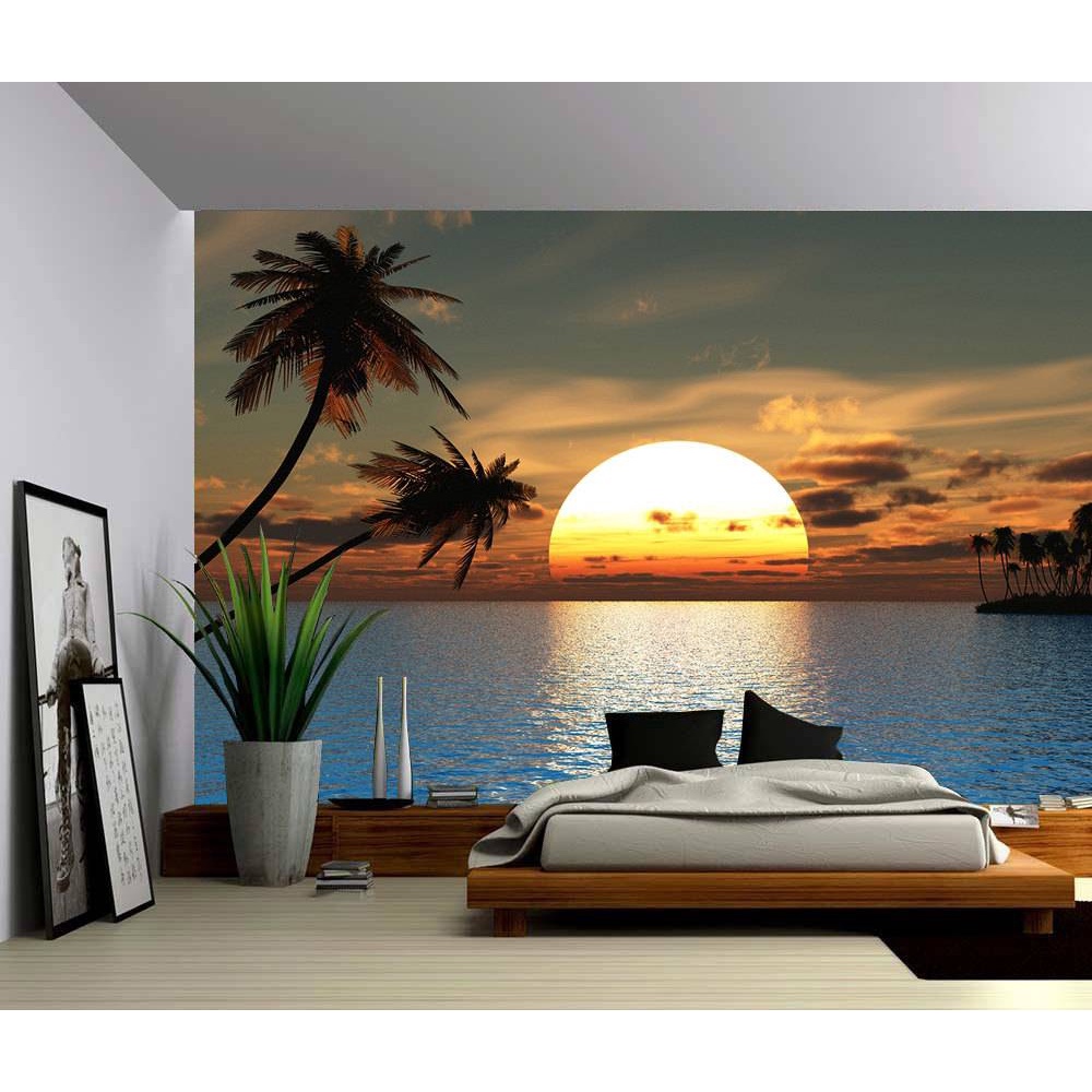 Custom 3D Photo Wallpaper Tropical Sunset Ocean Palm Tree Wall Mural ...