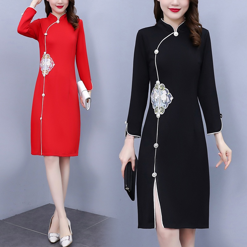 Split dress spring and autumn cheongsam female retro chinese style long cheongsam slim sleeves
