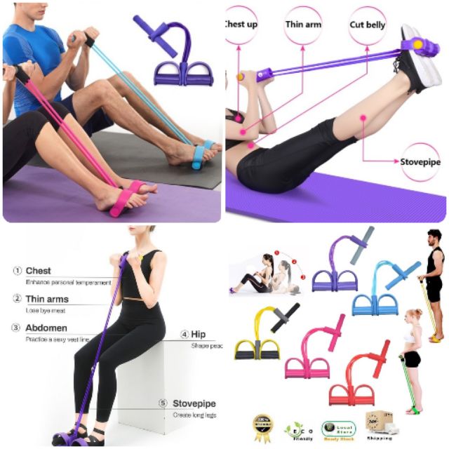 GYM EXERCISE AT HOME SPRING TUMMY TRIMMER SIT UP 4 TUBE Waist Pull Fitness  YOGA PINK slim/ Alat Senaman Kempis Perut