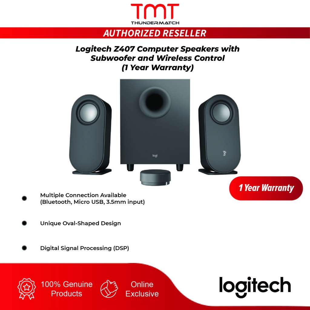 Logitech Z407 Bluetooth Computer Speakers with Subwoofer and Wireless Control, Immersive Sound