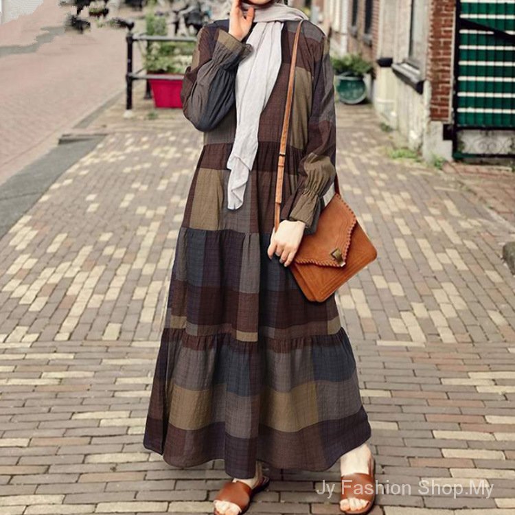JFS.MY DRESS MUSLIMAH 2021Musim Bunga Kapas Sastera Seni Retro Gelap Grid Buaian Besar Besar Pakaian Len Shopee Malaysia