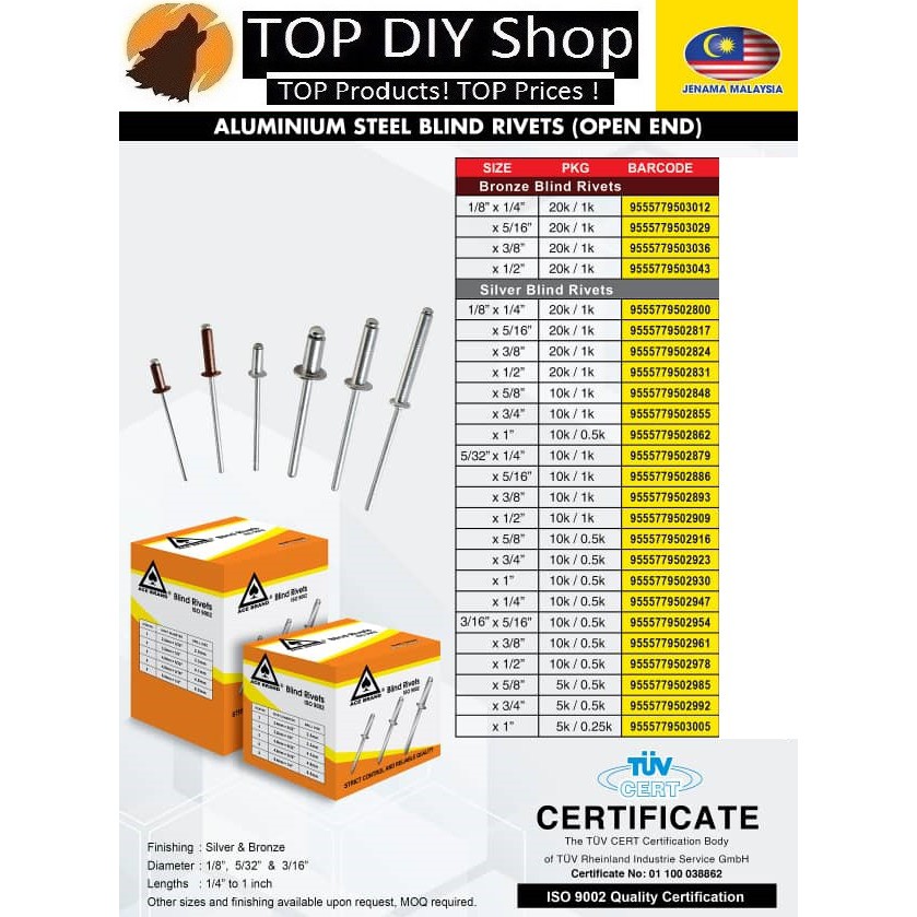 Aluminium & Steel Blind Riveter Screw Mata Riveter 1/8