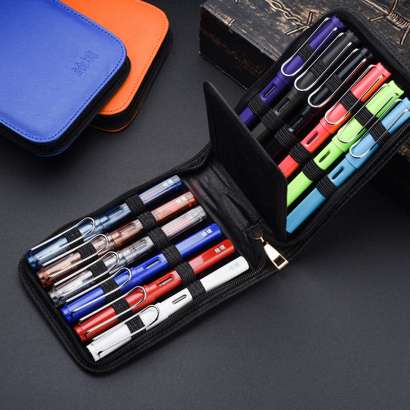 L 12 Pens Fountain Pen/Roller Pen Faux Leather Zipper Case Holder New
