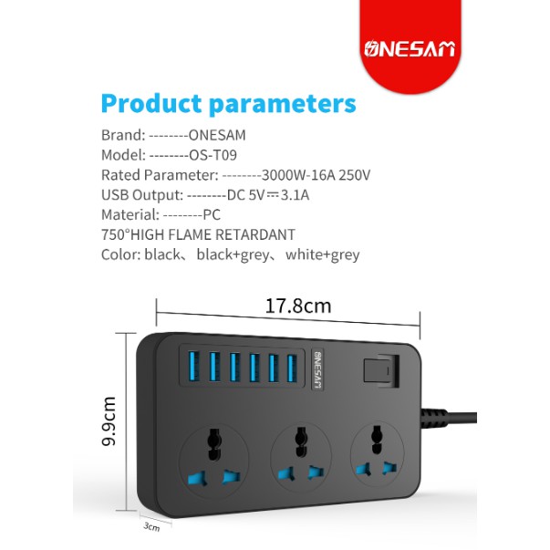 ONESAM OST09 3000W 16A 250V DC5V 3.1A 3X SOCKETS 6X USB PORTS POWER