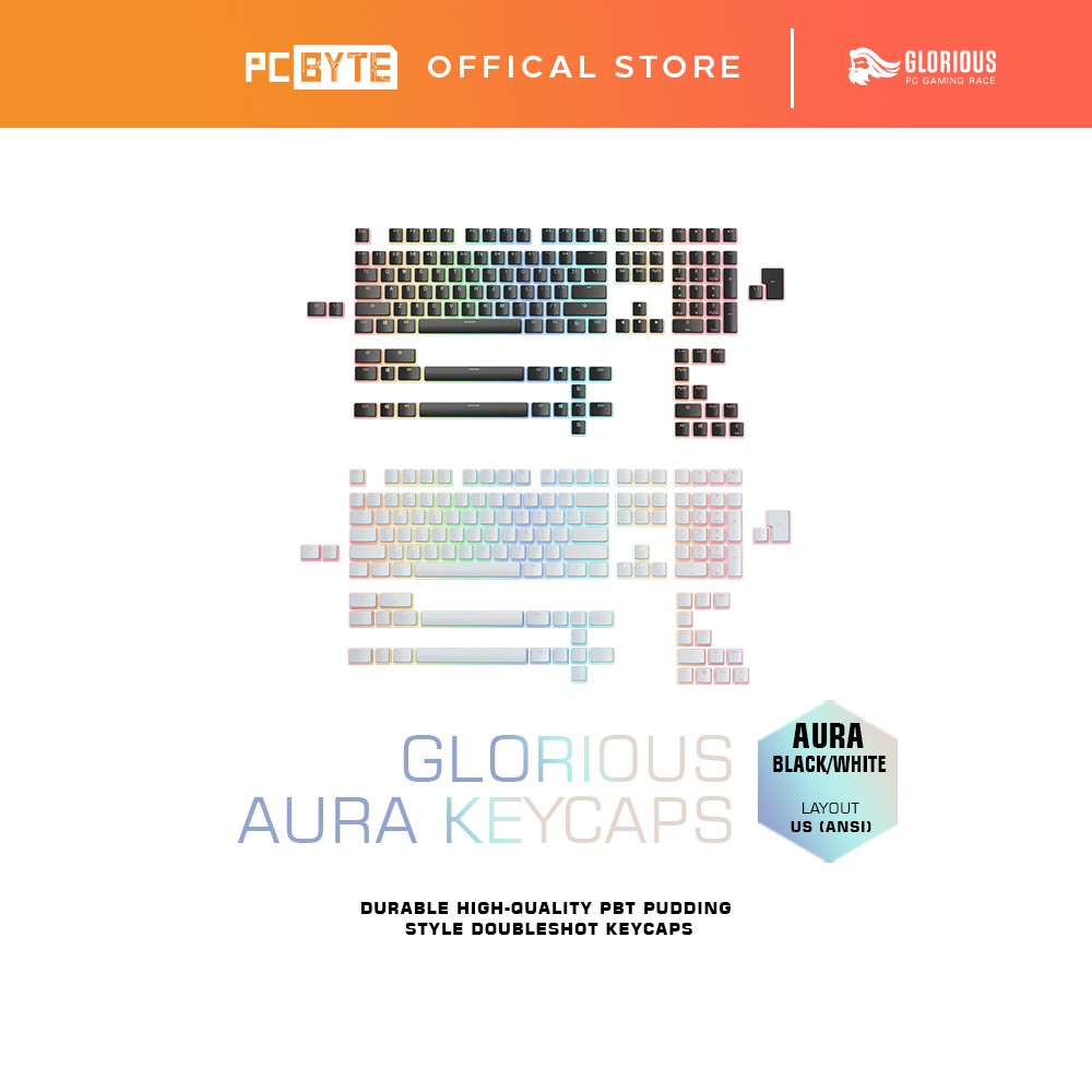 Glorious Gaming 145x Aura Keycaps V2 - PBT Pudding Keycaps, RGB Friendly, PBT Material for Durability and Deep Acoustics, Fits Any MX-Style Steel, US/UK Layout - White