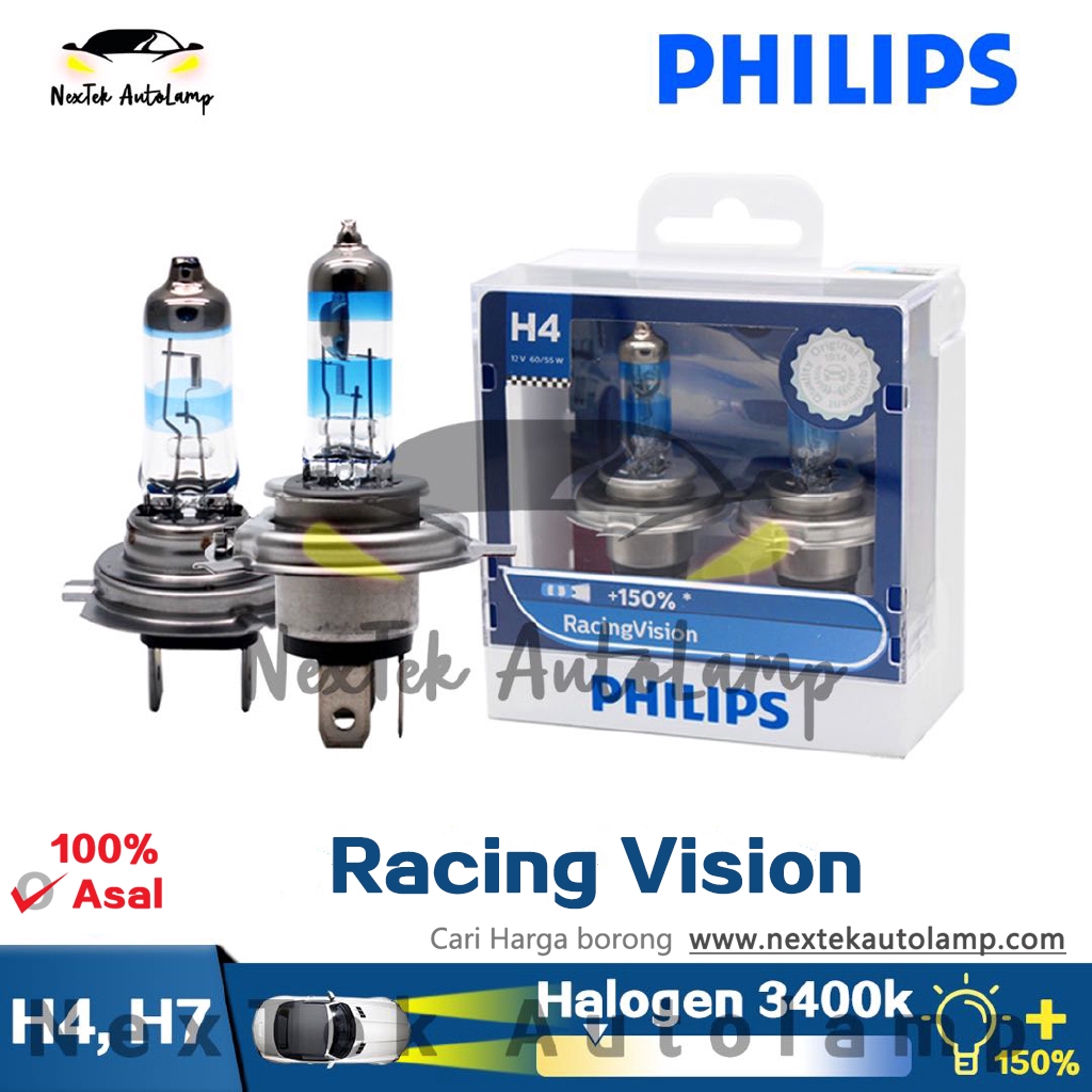 Philips Racing Vision H4 H7 Headlight Bulb Light +150% Halogen 1650L High  Low Beam Brighter Genuine Original Lamp Yellow Color Car Bulbs OEM Quality