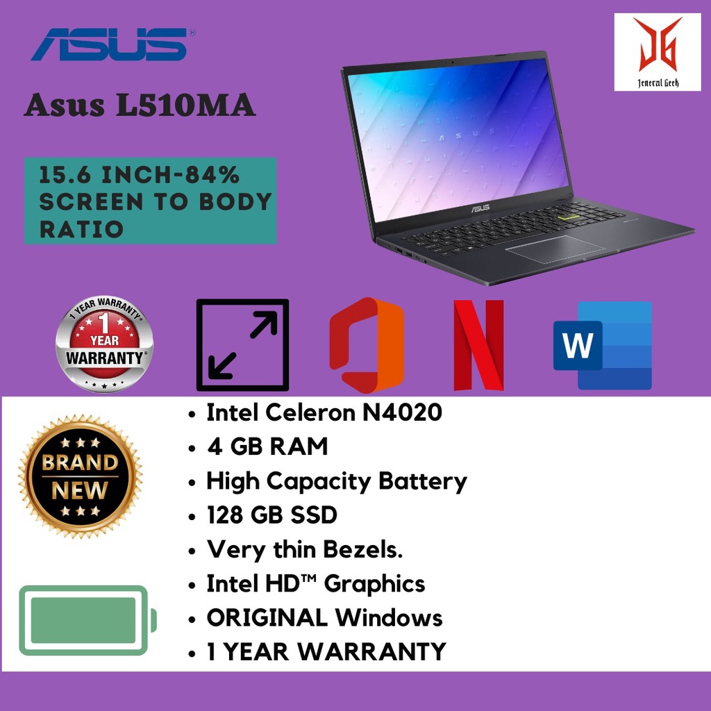ASUS VivoBook 15.6" FHD Intel Pentium N5030, 4GB,128GB EMMC, White L510MA-WS21-W