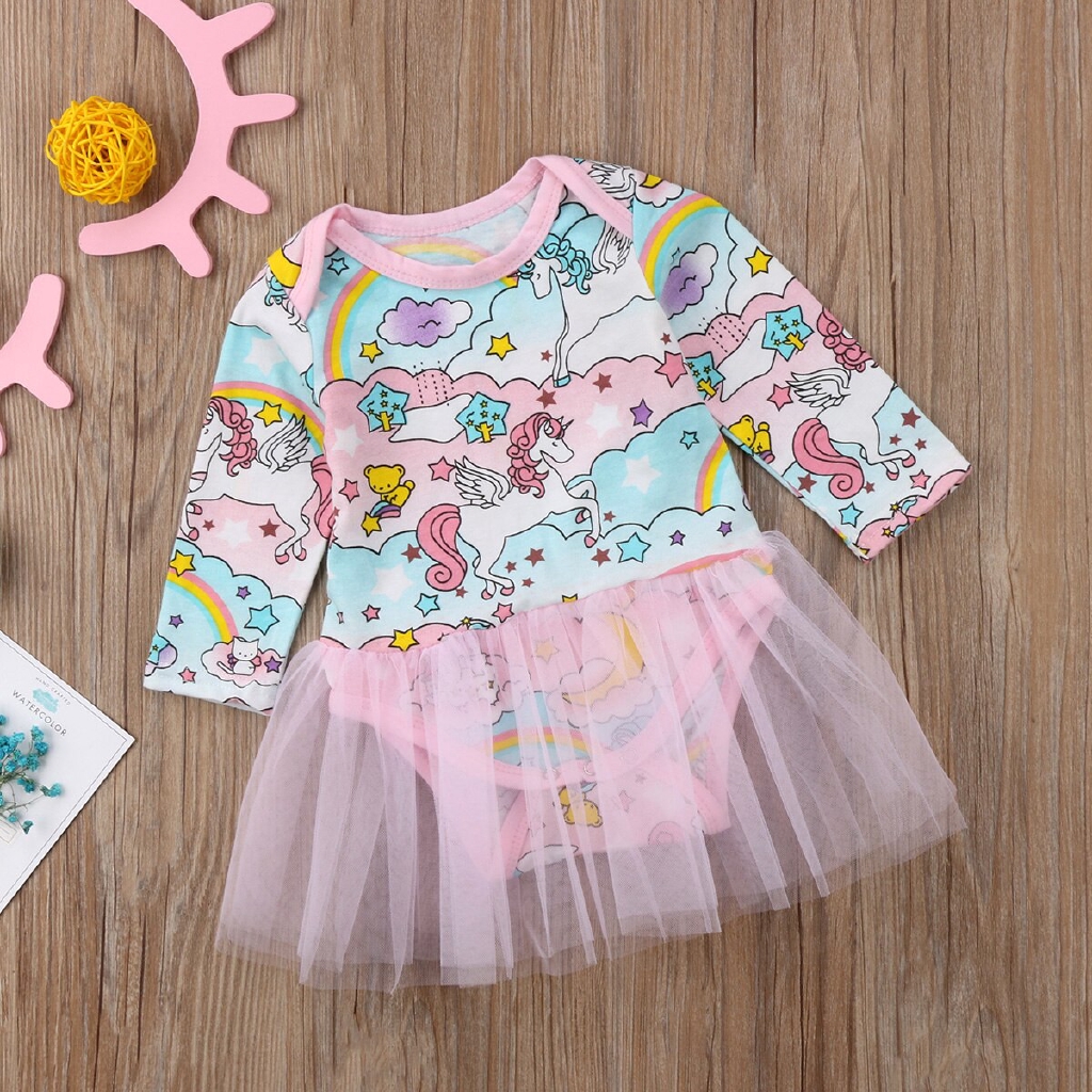 Spring And Summer Baby Girls Short Sleeves Unicorn Ladies Cartoon Chiffon Dress main image 1