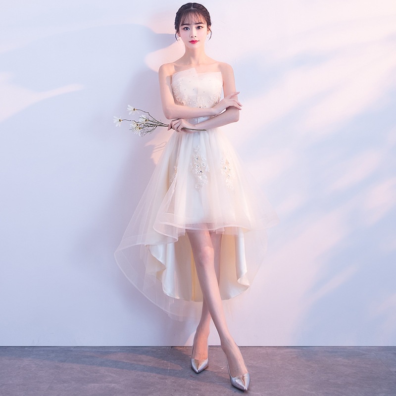 Champagne Banquet Evening Dress Elegant Tube Top Flower Embroidery Slim  Bridesmaid Dresses Annual Dinner Wedding Gown
