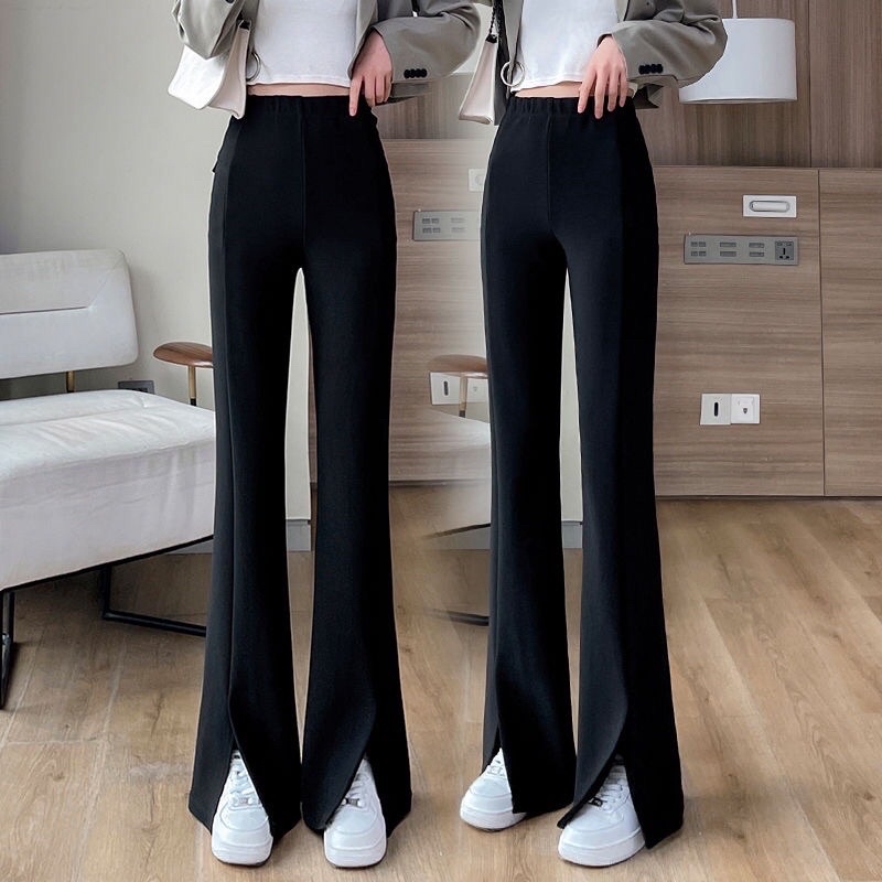 Korean Fashion High Waist Black Flare Pants With Split Zipper