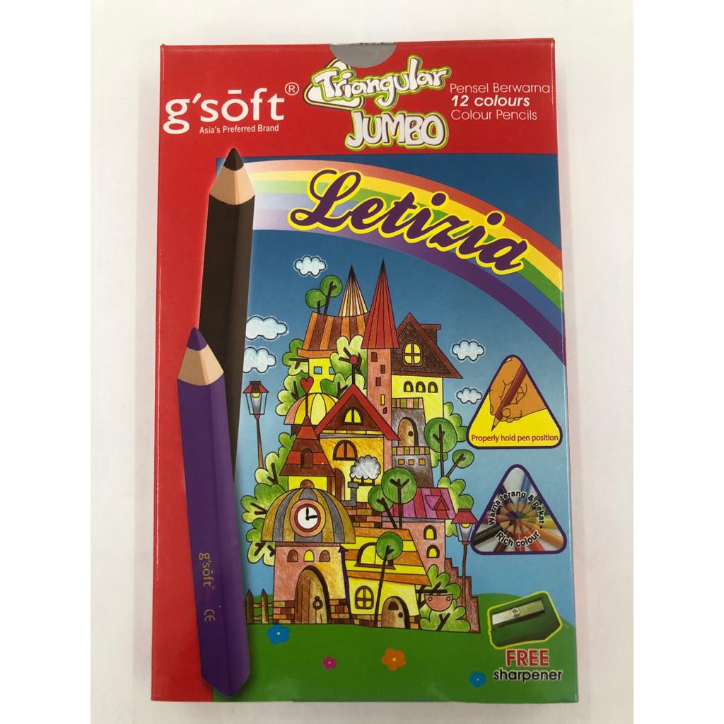 Gsoft Triangular Jumbo Colour Pencil 12s Short Free Sharpener And Free