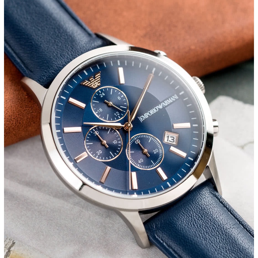 Authentic Emporio Armani Classic Men Blue Dial Leather Watch AR11216 ...