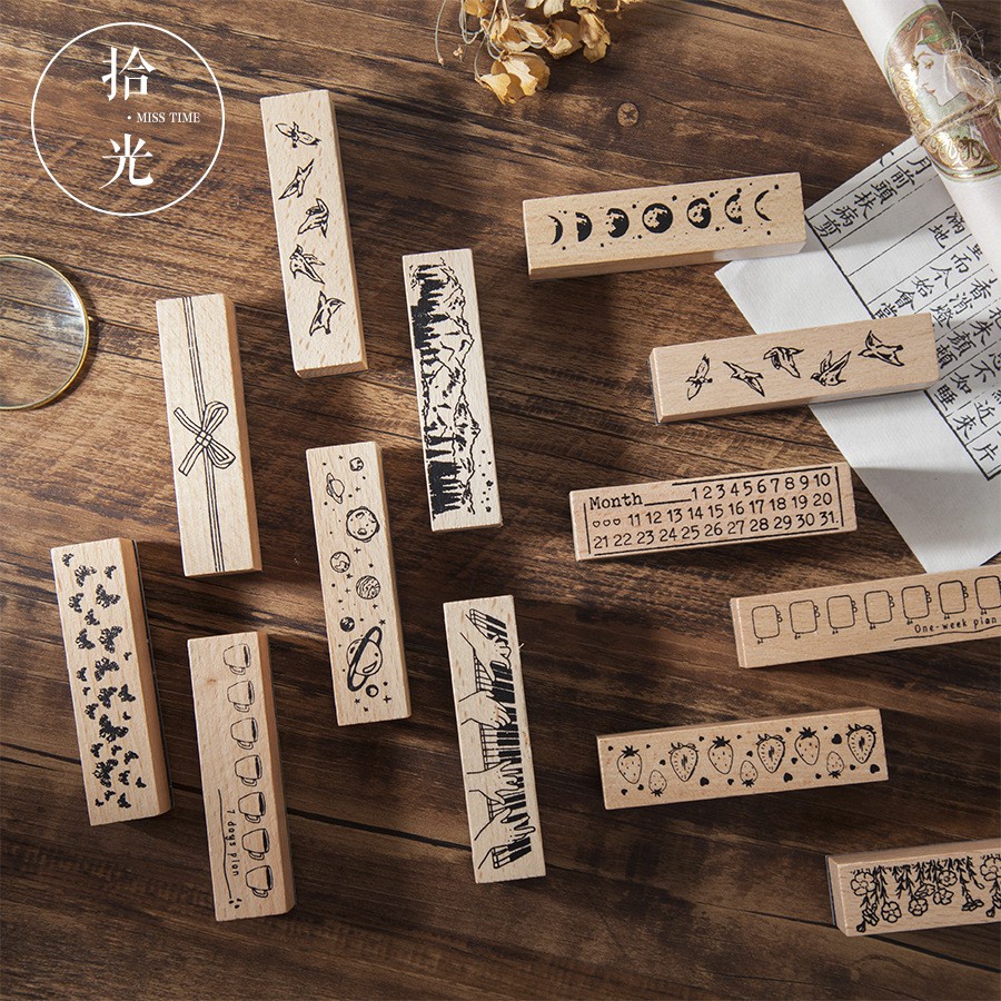 YUME Wooden Rubber Stamp Divider Planner Drink Tracker Month Week Bird ...