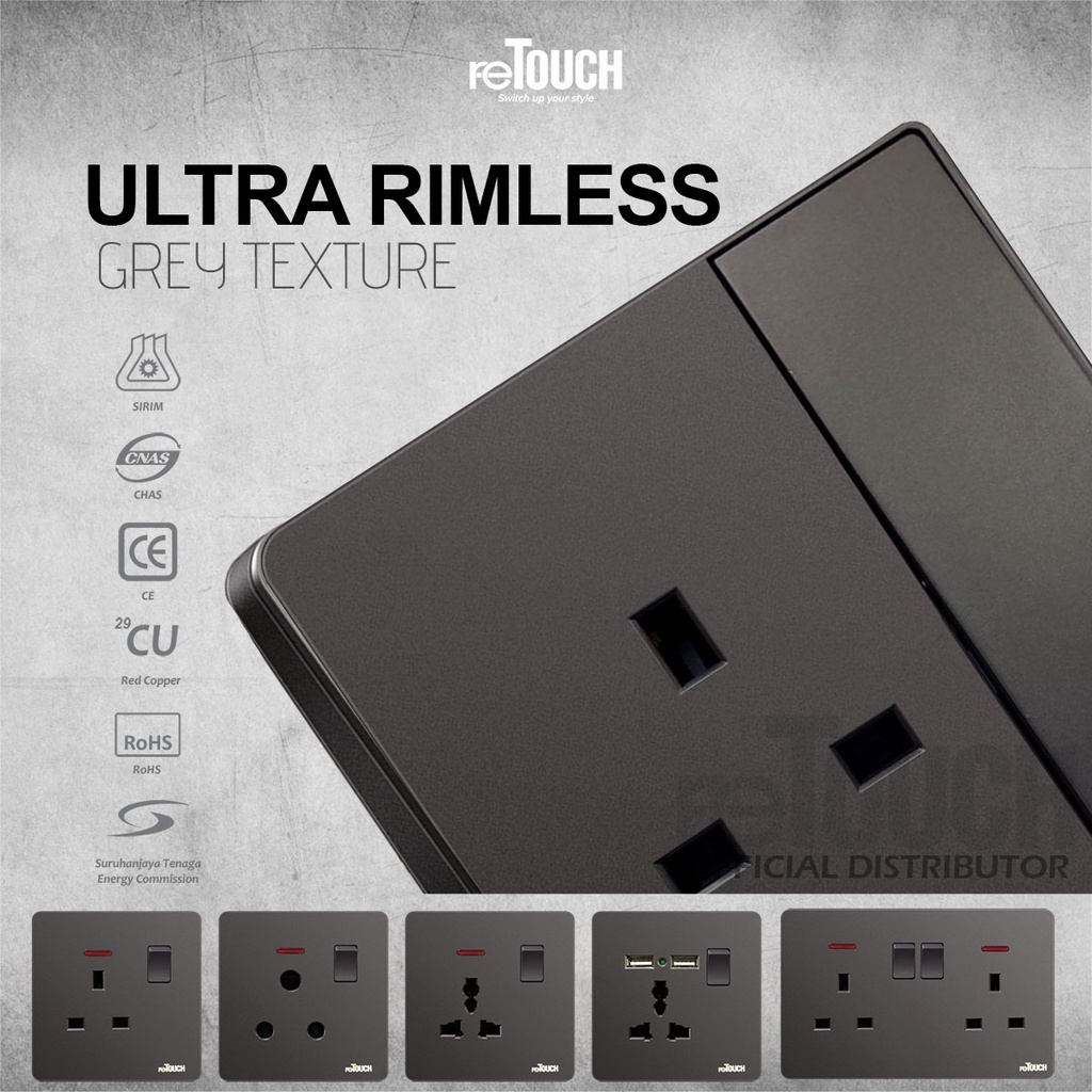 reTouch Matte Grey Ultra Rimless Switch 13A 15A Big Rocker Universal ...