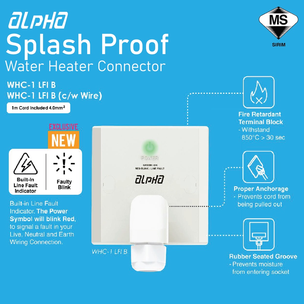 Alpha WHC1 LFI B Splash Proof Water Heater Connector With Line Fault