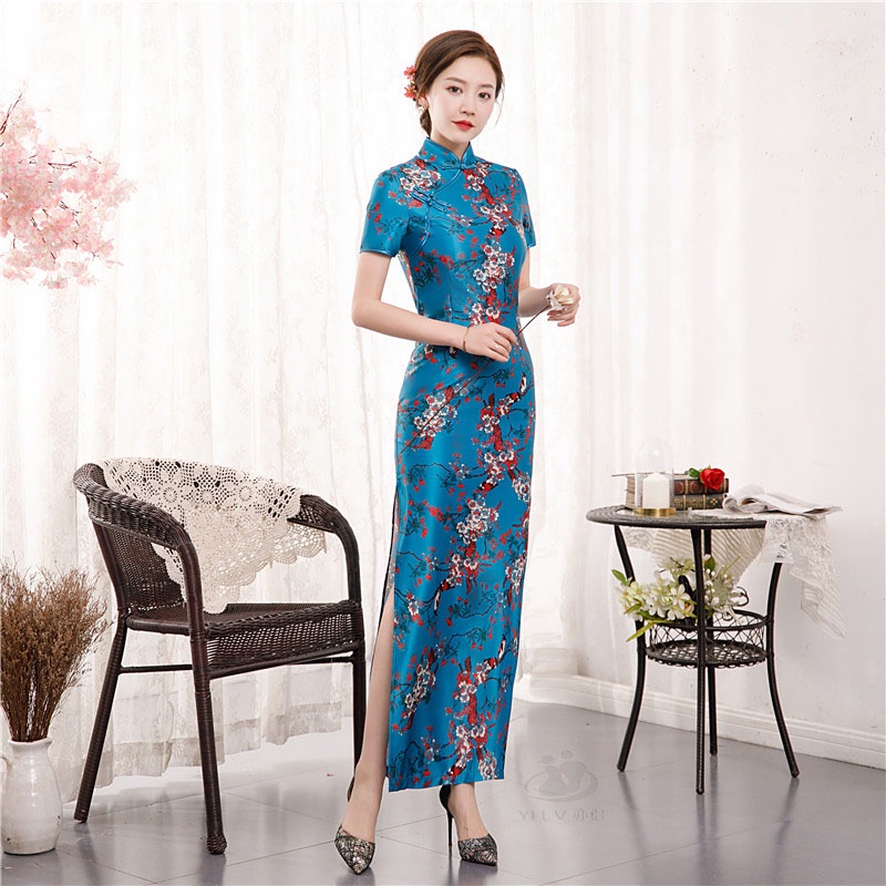 2021 New Summer Long Cheongsam Dress Floral Slim Vintage Plus Size Qipao Dresses S To 4XL 5XL Green Pink Shopee Malaysia