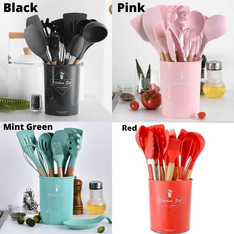 9/12pcs Wooden Handle Pink Cooking Tools Set Silicone Kitchen Cooking  Utensils Set With Storage Box Tongs Spatula Soup Spoon