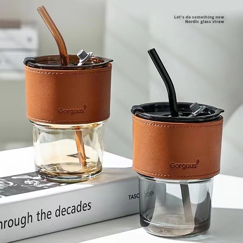 400ml Slub Cup Student Transparent Glass Cup Straw Cup Household