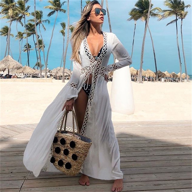 Flare Sleeve Bikini Cover Ups Tunics Swimwear Hollow Out White