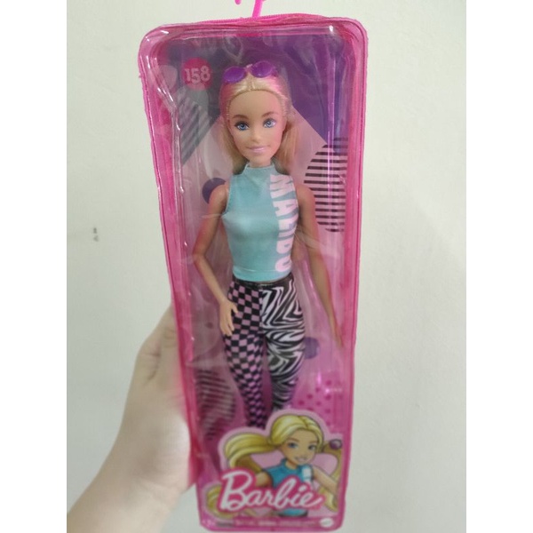 Barbie Fashionista doll with grey mouse print dress and ruffled sleeves and  pink booties and sun glasses lavender hair | Shopee Malaysia